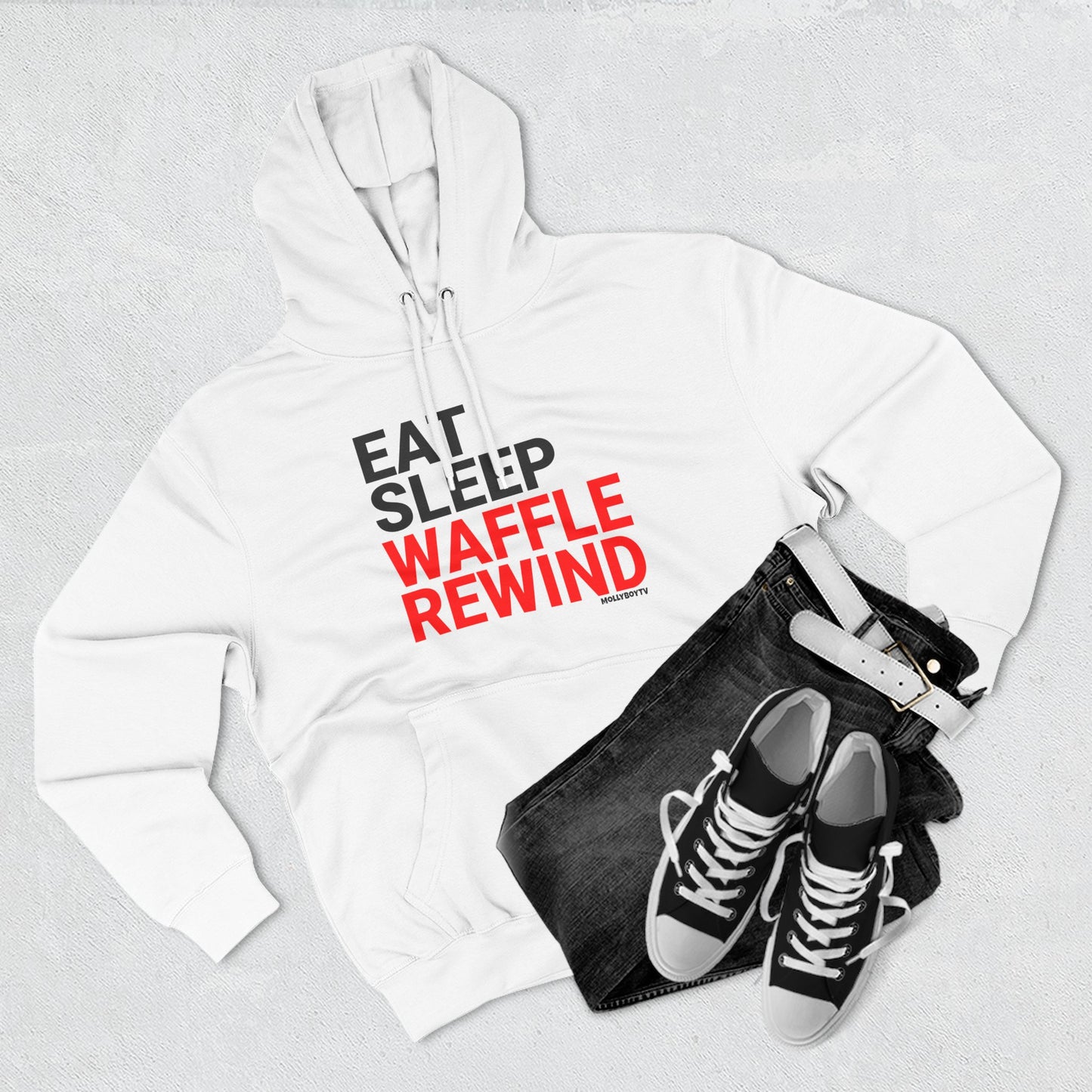 EAT, SLEEP WAFFLE, REWIND Unisex Hoodie (White)