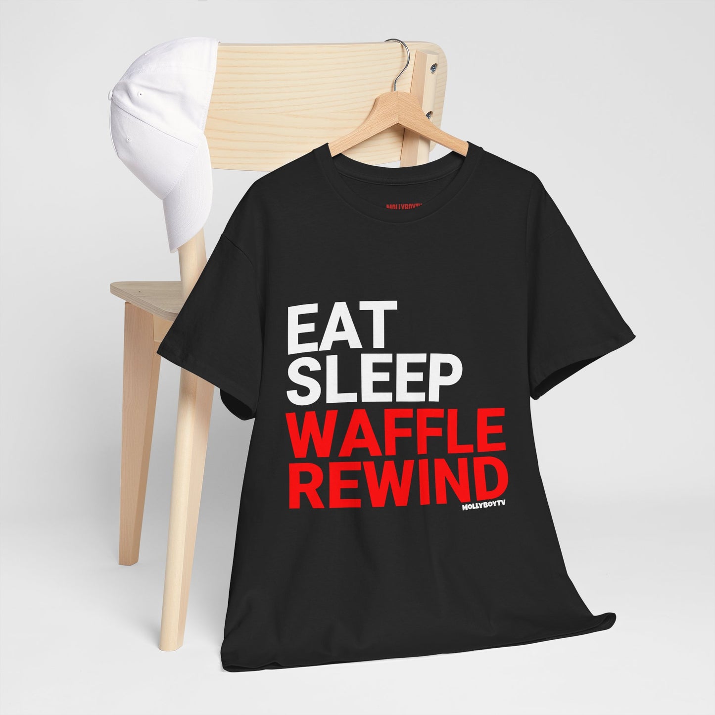 EAT, SLEEP, WAFFLE, REWIND Unisex Tee (Black)