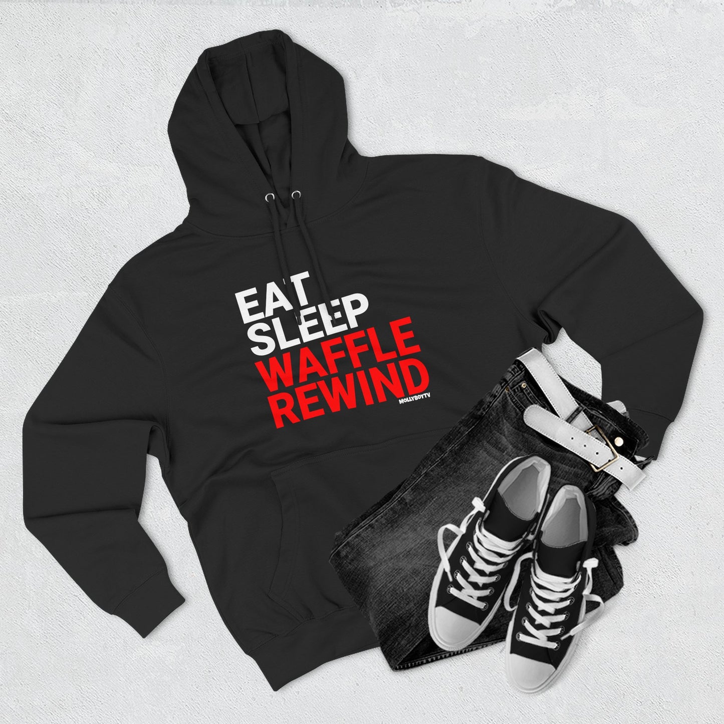 EAT, SLEEP, WAFFLE, REWIND Unisex Hoodie (Black)