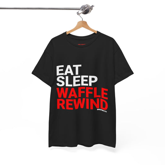 EAT, SLEEP, WAFFLE, REWIND Unisex Tee (Black)