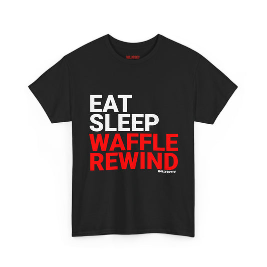 EAT, SLEEP, WAFFLE, REWIND Unisex Tee (Black)